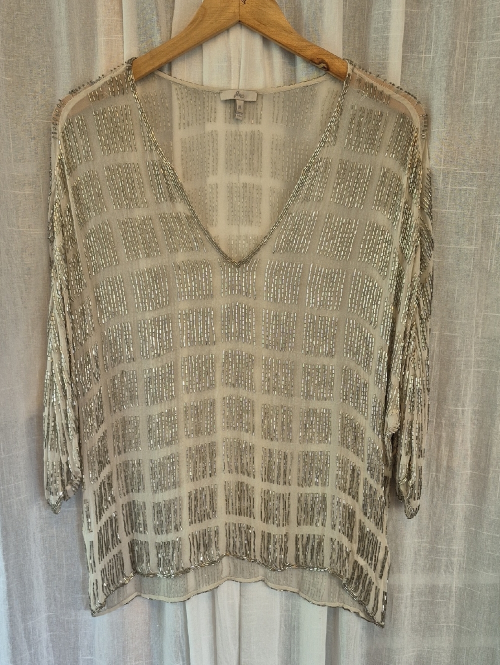 Joie Beaded Silk V-Neck Sequin Pullover in Silver